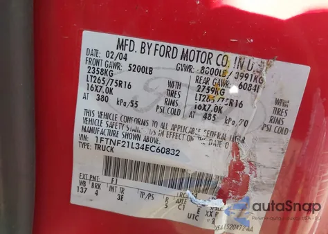 2004 Ford F-250 Xl/Xlt z USA, uszkodzony, nr VIN 1FTNF21L34EC60832